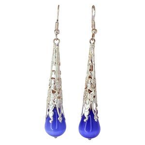 Blue Cats Eye Glass Long Filigree Dangle Earrings 2.5" Formal Statement Silver